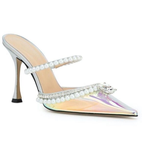 Mach & Mach 100 Iridescent Diamond & Pearl Embellished PVC Mules Clear 36 - Picture 1 of 15